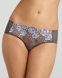 Embroidered floral applique lends luxe style to these mesh hipster briefs from Blush. Style #0224925