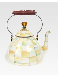 With cheerful hand-painted checks and a shimmering bronzed rim, this shapely kettle is sure to become a stovetop staple.From the Parchment Check collectionBronzed stainless steel rimEnameled steelHand washImported