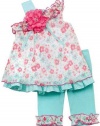 Rare Editions Baby-Girls Aqua Pink Flower 1-Shoulder Capri Set 9M (E664253)