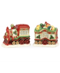 Cruise full steam ahead from now through Christmas day with figural salt and pepper shakers to complement Spode's iconic Christmas Tree dinnerware collection.