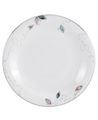 Hummingbirds twirl and buzz from flowery pink leaves to blue on the dreamy bone china accent plates from Lenox Lifestyle dinnerware. The dishes from the Silver Song collection are crisscrossed with platinum branches and abound with fanciful springtime delight and irresistible modern charm. (Clearance)