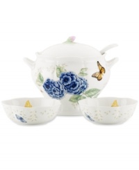 The whimsical butterflies and blooms of Lenox Butterfly Meadow dinnerware grace this charming soup tureen, an irresistible way to serve chowder, chili and stew. With scalloped porcelain bowls to match.