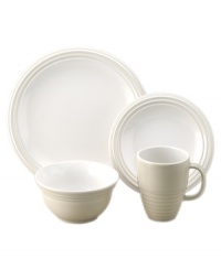 Like a creamy cup of cappuccino, this Pfaltzgraff dinnerware and dishes set couples a soft beige hue and milky white surface to warm and restore the casual table. Subtle ribbing defines simple, contemporary forms. Includes service for 4.