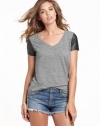 GUESS Women's Faux-Leather Contrast Tee, GREY (SMALL)