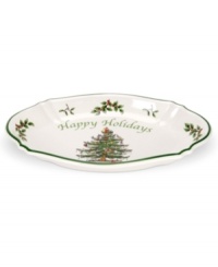 A new addition to the popular Christmas Tree collection from Spode serveware and serving dishes, this festive tray features an impeccably decorated evergreen tree that first graced tables in 1938. With a scalloped edge and the message, Happy Holidays.