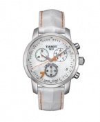 Sport performance meets feminine style with this limited edition Danica Patrick collection watch by Tissot. PRC 200 timepiece crafted of white leather strap and round stainless steel case. Mother-of-pearl chronograph dial features 20 diamond accent dot markers, tachymeter scale at outer rim, orange numeral at seven o'clock, minute track, date window at four o'clock, luminous hour and minute hands, orange second hand, three subdials and logo at twelve o'clock. Swiss quartz movement. Water resistant to 200 meters. Two-year limited warranty.