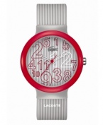 Simple shades of gray from Lacoste. Unisex Goa watch crafted of gray stripe silicone strap with printed text logo and round plastic case with red bezel. Gray stripe dial features jumbled red and white numerals, iconic crocodile logo at twelve o'clock, cut-out hour and minute hands, and red second hand. Quartz movement. Water resistant to 30 meters. Two-year limited warranty.