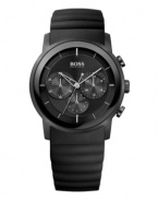 A rugged everyday watch for the man always on the move, by Hugo Boss. Crafted of black rubber strap and round black ion-plated stainless steel case. Black chronograph dial features applied stick indices, three subdials, silver tone three hands and logo at twelve o'clock. Quartz movement. Water resistant to 50 meters. Two-year limited warranty.