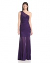 HALSTON HERITAGE Women's One Shoulder Ruched Gown with Sheer Neck and Skirt, Purple, X-Large