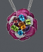 Spring is in bloom!  Adorn your neckline with Town & Country's vibrant flower for a sweet look. Crafted in sterling silver, necklace features multiple sparkling gemstones, including diamonds (1/5 ct. t.w.), peridot (1-9/10 ct. t.w.), citrine (1 ct. t.w.), blue topaz (1-1/3 ct. t.w.), pink tourmaline (3/8 ct. t.w.), and amethyst (1/2 ct. t.w.). Approximate length: 18 inches. Approximate drop: 1 inch.