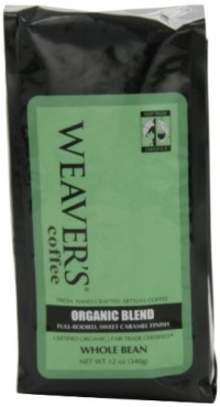 Weaver's Coffee , Organic Blend Whole Bean Coffee, Full-bodied, Sweet Caramel Finish 12-Ounce Bags (Pack of 2)