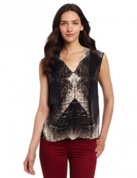 HALSTON HERITAGE Women's Sleeveless V-Neck Drapey Top, Black Diamond Print, 10