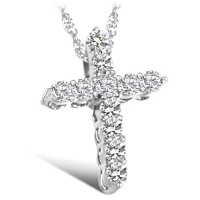 Rhodium Plated Cross Pendant Necklace with Crystal Cubic Zirconia Pave Cross Pendant in Clear or Purple Color