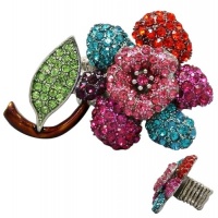 X-large Glamorous Multicolor Pink, Fuchsia, Turquoise, Red, Purple, Green Crystal Embellished Flower With Bronze Stem Samantha Ring - Spans Two Fingers- Silver Plated - Stretch Band