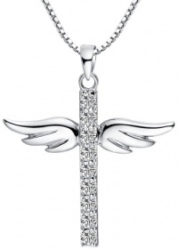 Sterling Silver Cubic Zirconia Angel Winged Cross Pendant Necklace with Box Chain 18 Inch - SP011n1