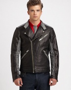 Impeccable tailoring and attention to detail are combined with the rugged sensibilities of a classic motorcycle jacket, crafted in supple Italian leather with zippered slash pockets and patterned panels at the shoulders, sleeves and hem.Zip frontZippered chest, waist slash pocketsAbout 26 from shoulder to hemLeather/woolDry cleanMade in Italy