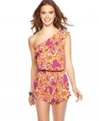 Be a graphic it girl in Planet Gold's ruffled romper, where a colorful abstract print and one-shoulder silhouette create perfect, poolside style!