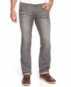 Most stylish jeans buy this season: Gray denim with high-end detailing, like these whiskered denim Blast Jeans from Triple Fat Goose with contrast stitching and leather-rimmed back pockets.