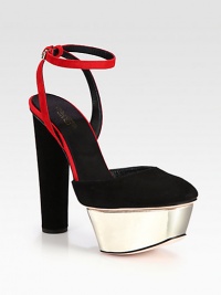 A crimson ankle strap tops this trend-forward suede design, with an angled patent leather platform and sky-high heel. Suede-covered heel, 5¼ (130mm)Patent leather platform, 1¾ (45mm)Compares to a 3½ heel (90mm)Suede upperAdjustable ankle strapLeather lining and solePadded insoleMade in Italy