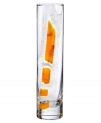 Like blades of grass, this Kosta Boda bud vase is straight, tall and full of life. A column of clear art glass streaked with texture and tangerine punctuates a room with modern artistry. Designed by Anna Ehrner.