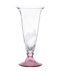 Etched with butterflies and blooms, this Butterfly Meadow bud vase by Lenox gives casual settings a whimsical lift. A tinted pink base adds a splash of color to luminous crystal.