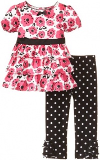 Hartstrings Baby-girls Infant Floral Sateen Tunic With Interlock Printed Legging 2 Piece Set, Black/White Dot, 12 Months