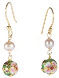 Gold Plated Sterling Silver Pink Freshwater Cultured Pearl with Green Cloisonne Round Bead Earrings