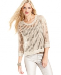 Layer up in DKNY Jeans' open-knit mesh petite sweater. It looks especially chic with a cami and jeans in a similar hue.