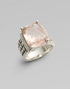 From the Wheaton Collection. A faceted cushion of shimmering morganite, edged by rows of diamonds, in a wide cable band of sterling silver..Morganite Diamonds, 0.16 tcw Sterling silver Diameter, about 16mm Imported