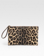 A compact shape of leopard-printed pony hair, finished with sleek metal studs and a leather wristlet strap. Studded leather wristlet strap, 7 dropTop zip closureOne inside zip pocketTwo inside open pocketsCotton lining14W X 9H X ½DMade in Italy