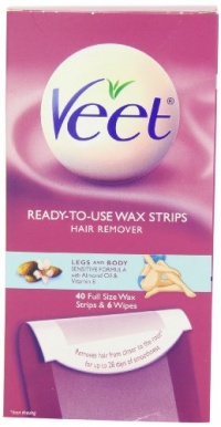 Veet Wax Strips Leg And Body Sensitive Formula With Almond Oil & Vitamin E, 40-Count