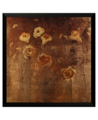 Feathery blossoms fade into a muddied copper ground in this large abstract print, a unique addition to your living room or foyer wall. Specks of golden orange pollen and black stems complete the decor-defining floral motif.