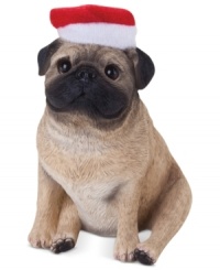 A fetching gift for animal lovers, the pug Christmas ornament depicts an irresistible pup waiting patiently for treats and dressed for the season. From Sandicast.