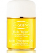 Relax Body Treatment Oil. This aromatic body treatment is ideal for enhancing relaxation and promoting total well-being. Its concentrated formula contains 100% natural extracts and oils to help combat stress and fatigue and relieve tension. Moisturizes skin, leaving it soft and smooth. Imported from France. 3.4 oz. 