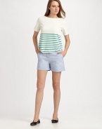 This nautical-inspired style is banded with crisp, colorful stripes.BoatneckShort sleevesRounded hemline87% cotton/13% acrylicDry cleanMade in USA of imported fabricModel shown is 5'10 (177cm) wearing US size 4. 