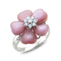 Certified 14k White Gold Natural Diamond Pink Mother of Pearl Flower Ring