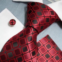 Red Checkered Woven Silk Neckie Handkerchiefs Cufflinks Present Box Set crimson gift fathers Pointe Tie PH1123 One Size Crimson