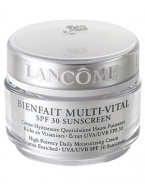 Bienfait Multi-Vital features a unique complex of nurturing Vitamins E, CG, and B5, plus high potency of moisturization for 24-hour ideal hydration. Your skin will look its healthy-best and feel touchably soft all day. With dermatologist recommended UVA/UVB SPF 30 sunscreen and essential anti-oxidant protection, Bienfait Multi-Vital gives your skin what it needs to help fight the visible effects of environmental skin damage.