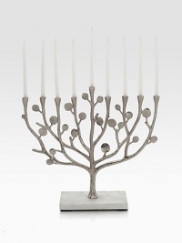 The intricate forms of nature inspired America's foremost metal artist to create this hand-crafted menorah with a glowing nickle-plated finish.From the Botanical Leaf CollectionCandles not includedNickle-plated metal12W X 4D X 13½Hand washImported