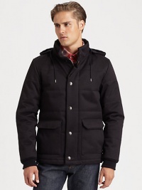 This lightweight outerwear style is incredibly structured and quilted to beat the season's elements in style, featuring an attached drawstring hood for added protection.Zip frontSnap-button placketStand collarAttached drawstring hoodWaist flap pocketsFully linedAbout 30 from shoulder to hemCottonDry cleanImported