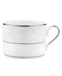 A sweet lace pattern combines with platinum borders to add graceful elegance to your tabletop. The classic shape and pristine white shade make this teacup a timeless addition to any meal. From Lenox's dinnerware and dishes collection.