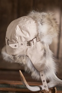 Leather Trooper Hat with Coyote Fur Trim, BEIGE/NATURAL, Size LARGE