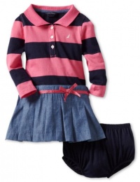 Nautica Sportswear Kids Girls 2-6X Long Sleeve Striped Rugby Chambray Skirt Attached Top, Medium Pink, 5