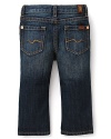 A classic straight leg jean, rendered in a rich blue rinse, with minimal weathering details.