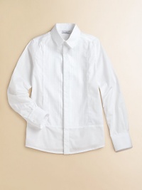 A distinguished cotton shirt, just like the grown-up version, with handsome front tuxedo pleats and faux French cuffs.Modified point collarPleated frontHidden button placketButton cuffsBack dartsCottonMachine washImported