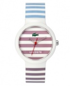 Sweeter than a double scoop ice cream cone. This unisex Goa watch by Lacoste is crafted of blue and lavender stripe silicone strap and round white plastic case. Lavender stripe dial features iconic crocodile logo, cutout hour and minute hands and red second hand. Quartz movement. Water resistant to 30 meters. Two-year limited warranty.