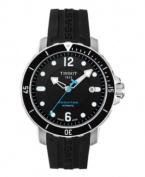 On dry land or underwater, the Seastar 1000 watch from Tissot is ideal for the adventurous gentleman. Crafted of black rubber strap with logo detail and round stainless steel case. Black dial features silver tone dot markers, logo, date window at three o'clock, minute track, silver tone hour and minute hands, blue second hand and numerals at twelve and six o'clock. Includes helium valve for depressurizing watch. Swiss automatic movement. Water resistant to 300 meters. Two-year limited warranty.