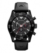 A contemporary black-on-black chronograph, by Emporio Armani. Watch crafted of black logo-stamped rubber strap and round black-plated stainless steel case with black bezel. Textured black chronograph dial features silver tone stick indices, minute track, date window at six o'clock, three subdials, three hands and logo. Quartz movement. Water resistant to 50 meters. Two-year limited warranty.