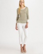 A lightweight linen blend sweater featuring nautical-inspired stripes and button details. Round neckLong sleevesButton details on shoulderSolid, ribbed trimPull-on styleAbout 25 from shoulder to hem45% linen/33% viscose/22% polyamideHand washImported of Italian fabric Model shown is 5'11 (180cm) wearing US size Small. 