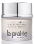 Cellular Night Repair Cream is a restorative nighttime facial treatment that works while you sleep promoting natural skin repair and recovery. While the body is resting, multi-level complexes communicate to each other and to the skin cells to help repair skin damage and reduce inflammation while hydrating, smoothing and firming; skin looks repaired, replenished and rejuvenated. 1.7 oz. 